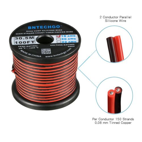  BNTECHGO 18 Gauge Flexible 2 Conductor Parallel Silicone Wire Spool Red Black High Resistant 200 deg C 600V for Single Color LED Strip Extension Cable Cord,Model,Lead Wire 100ft St