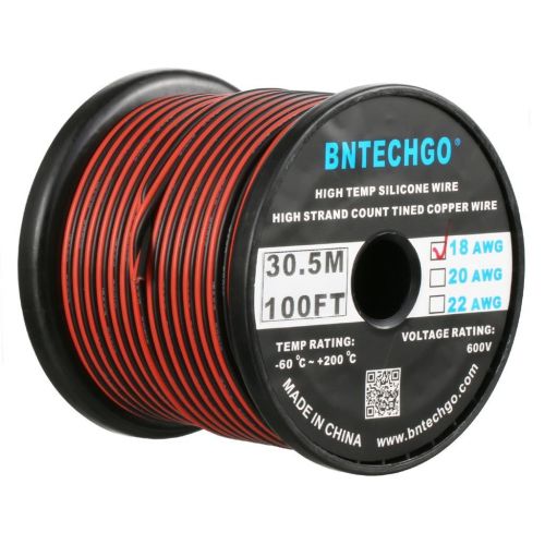  BNTECHGO 18 Gauge Flexible 2 Conductor Parallel Silicone Wire Spool Red Black High Resistant 200 deg C 600V for Single Color LED Strip Extension Cable Cord,Model,Lead Wire 100ft St