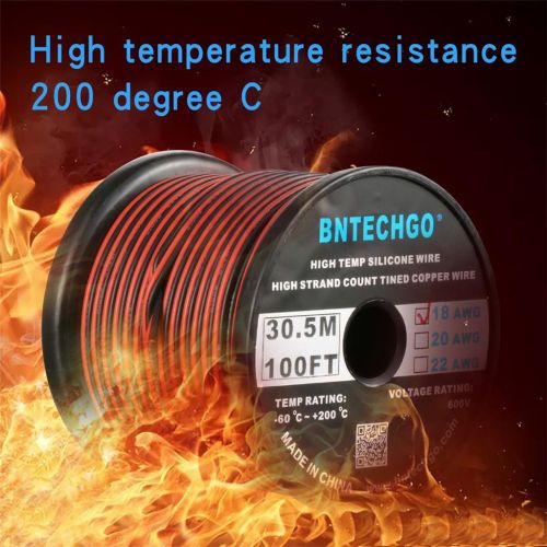  BNTECHGO 18 Gauge Flexible 2 Conductor Parallel Silicone Wire Spool Red Black High Resistant 200 deg C 600V for Single Color LED Strip Extension Cable Cord,Model,Lead Wire 100ft St