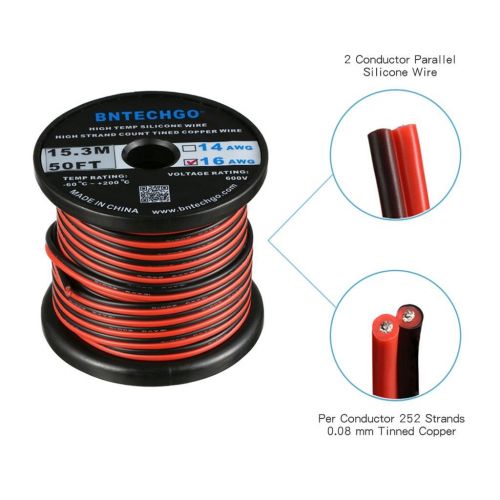  BNTECHGO 16 Gauge Flexible 2 Conductor Parallel Silicone Wire Spool Red Black High Resistant 200 deg C 600V for Single Color LED Strip Extension Cable Cord,Model,Lead Wire 50ft Str