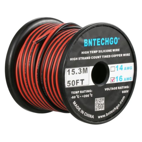  BNTECHGO 16 Gauge Flexible 2 Conductor Parallel Silicone Wire Spool Red Black High Resistant 200 deg C 600V for Single Color LED Strip Extension Cable Cord,Model,Lead Wire 50ft Str