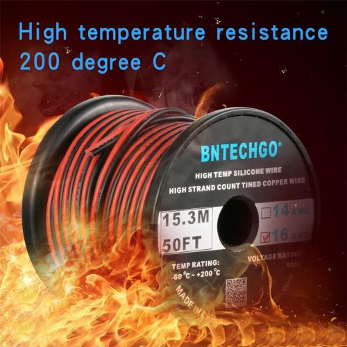  BNTECHGO 16 Gauge Flexible 2 Conductor Parallel Silicone Wire Spool Red Black High Resistant 200 deg C 600V for Single Color LED Strip Extension Cable Cord,Model,Lead Wire 50ft Str