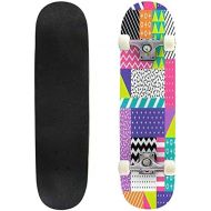 BNUENMEE Classic Concave Skateboard for Boys Girls Beginners, Seamless Pattern with Audio Tapes in Retro 80s Style 3 Standard Skateboards 31x 8 Extreme Sports Outdoor Skateboards