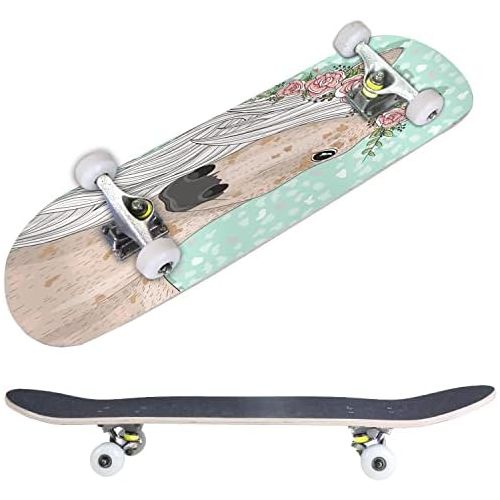  BNUENMEE Classic Concave Skateboard for Boys Girls Beginners, Seamless Pattern with Cute Animals Standard Skateboards 31x 8 Extreme Sports Outdoor Skateboards