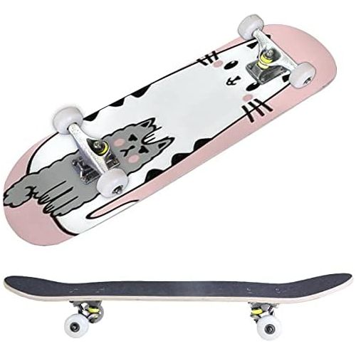  BNUENMEE Classic Concave Skateboard for Boys Girls Beginners, Kawaii Cute Fat White cat Isolated on a Pink Background Anime Style Standard Skateboards 31x 8 Extreme Sports Outdoor