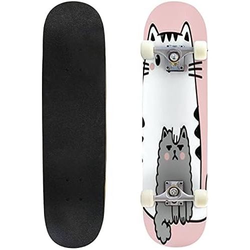 BNUENMEE Classic Concave Skateboard for Boys Girls Beginners, Kawaii Cute Fat White cat Isolated on a Pink Background Anime Style Standard Skateboards 31x 8 Extreme Sports Outdoor