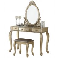 BOBKONA F4166 PDEX-F4166 Oval Shape Mirror Vanity Table with Stool Set Champagne