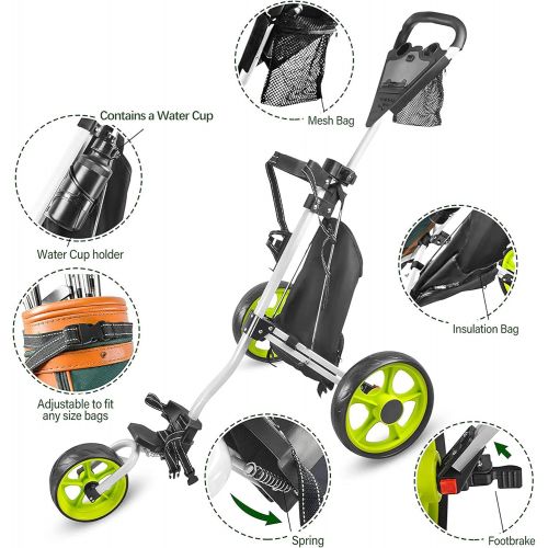  BOBOPRO Golf Push Cart, Golf Cart for Golf Club 3 Wheel Folding Lightweight Golf Pull Cart with Foot Brake Golf Accessories for Men Women/Kids