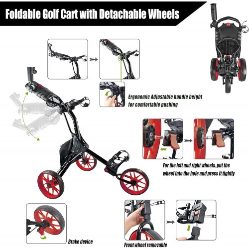  BOBOPRO Golf Push Cart, Golf Cart for Golf Club 3 Wheel Lightweight Folding Golf Carts with Foot Brake Umbrella Holder Golf Accessories for Practice and Game Gift for Men Women/Kid