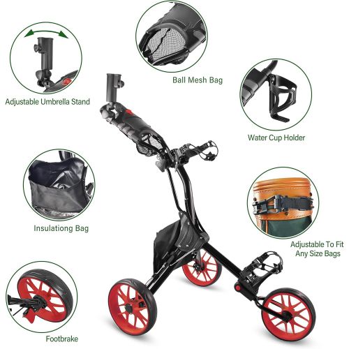  BOBOPRO Golf Push Cart, Golf Cart for Golf Club 3 Wheel Lightweight Folding Golf Carts with Foot Brake Umbrella Holder Golf Accessories for Practice and Game Gift for Men Women/Kid