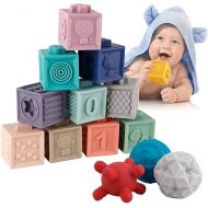 BOBXIN 15 PCS Baby Blocks Toys Soft Stacking Blocks Baby Sensory Ball Teether Infant Bath Toys Squeeze Play with Numbers Shapes Animals Fruit and Textures Toy for Babies Toddlers 6 Months