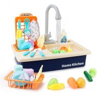 BOBXIN Play Sink with Running Water, Kids Play Kitchen Toy Sink Electric Dishwasher, Pretend Role Play Kitchen Toys Set with Upgraded Working Faucet and Dishes Playset for Girls, Toddler and Boys