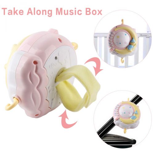  BOBXIN Baby Musical Crib Mobile with Projector and Night Light,150 Music,Timing Function,Take Along Mobile Music Box and Rattle,Gift for Toddles(with Bibs)