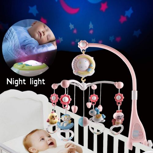  BOBXIN Baby Musical Crib Mobile with Projector and Night Light,150 Music,Timing Function,Take Along Mobile Music Box and Rattle,Gift for Toddles(with Bibs)