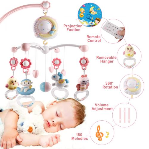  BOBXIN Baby Musical Crib Mobile with Projector and Night Light,150 Music,Timing Function,Take Along Mobile Music Box and Rattle,Gift for Toddles(with Bibs)