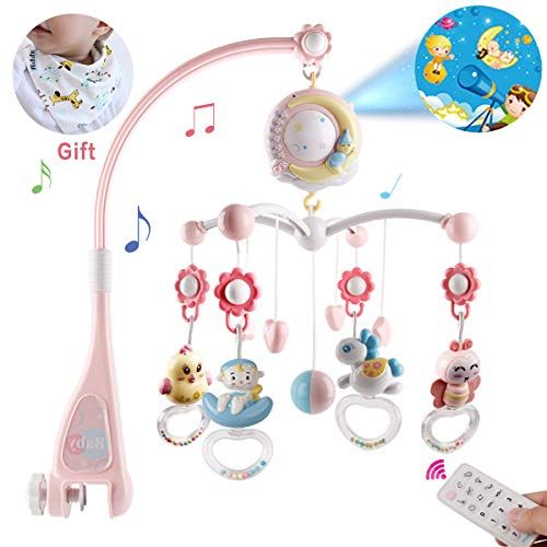  BOBXIN Baby Musical Crib Mobile with Projector and Night Light,150 Music,Timing Function,Take Along Mobile Music Box and Rattle,Gift for Toddles(with Bibs)