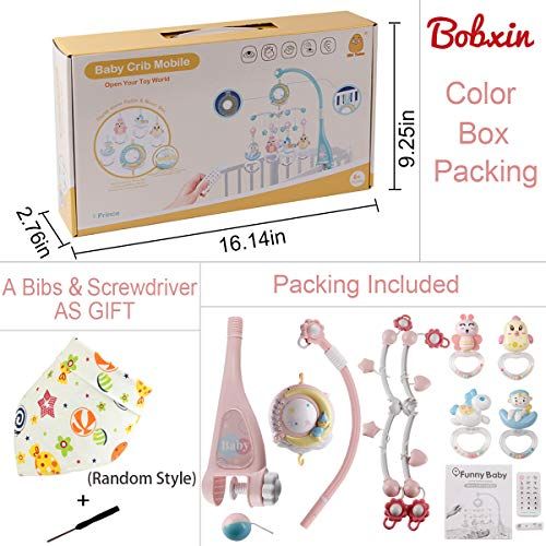  BOBXIN Baby Musical Crib Mobile with Projector and Night Light,150 Music,Timing Function,Take Along Mobile Music Box and Rattle,Gift for Toddles(with Bibs)