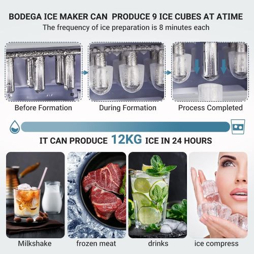  [아마존베스트]Sunmaki Ice Cube Machine, 12 kg Ice Cubes 24 h, Stainless Steel Ice Cube Maker 1.5 L Water Tank, Ice Maker 120 W, Produces 9 Ice Cubes, Preparation in 8 Minutes (Grey)
