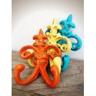 BOLDHOUSE BOLD petite fleur de lis double wall hooks // towel coat hooks // set of three summer squash yellow aqua blue & orange // shabby chic