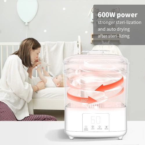  Bololo Baby Bottle Sterilizer and Dryer Sanitizer for Baby Bottles，Breast Pump 600W Stronger Power eletric Bottle Steamer Box LED Touch Screen Auto Shut-Off