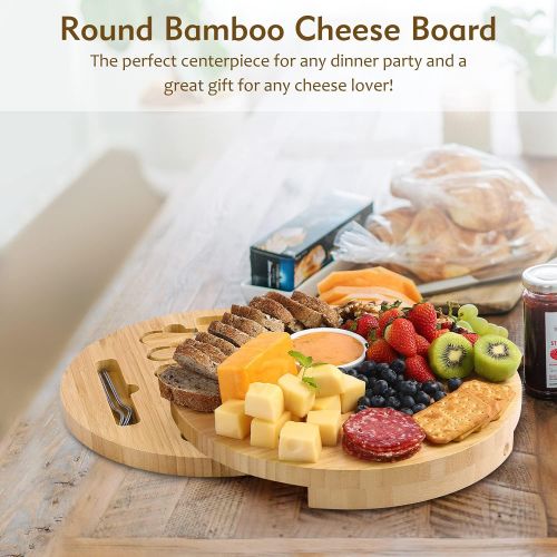  [아마존베스트]BOLTLINK Cheese Board and Knife Set, Bamboo Round Charcuterie Boards Swivel Meat Platter Personalized Tray with 6 knives for Housewarming Christmas Thanksgiving Party Birthday Wedd