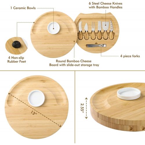  [아마존베스트]BOLTLINK Cheese Board and Knife Set, Bamboo Round Charcuterie Boards Swivel Meat Platter Personalized Tray with 6 knives for Housewarming Christmas Thanksgiving Party Birthday Wedd