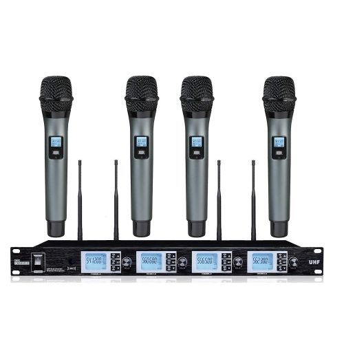  BOLY Boly BL4200SB UHF 4 Microphone Wireless System with Four Handheld Cordless Microphone with LCD Display for PartyWeddingChurchConferenceSpeech, 400 Selectable Frequencies