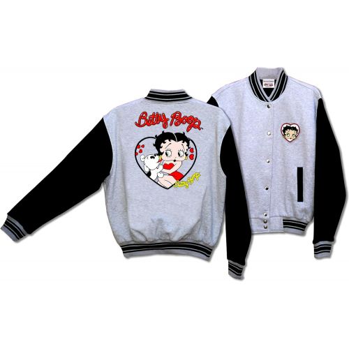  BON Licensed Betty Boop and Pudgy Her Pet Dot Baseball Jacket Gray and Black BJ-9028