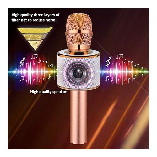  BONAOK Wireless Bluetooth Karaoke Microphone, 3-in-1 Portable Handheld Mic Speaker for All Smartphones,Gifts for Girls Kids Adults All Age Q37(Rose Gold)