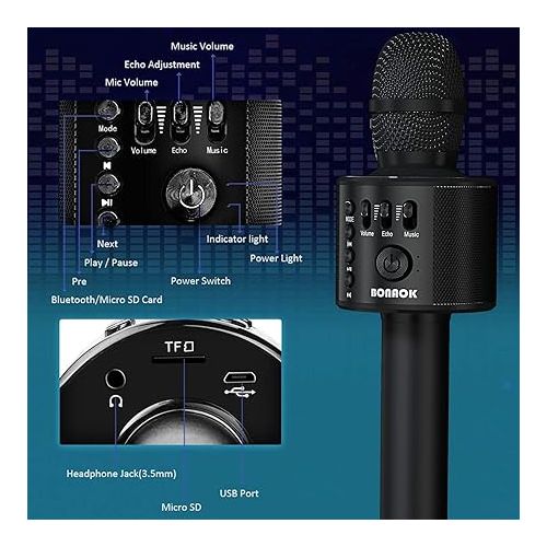  BONAOK Wireless Bluetooth Karaoke Microphone,3-in-1 Portable Handheld Karaoke Mic Speaker Machine Home Party Birthday for All Smartphones Q37 (Black)