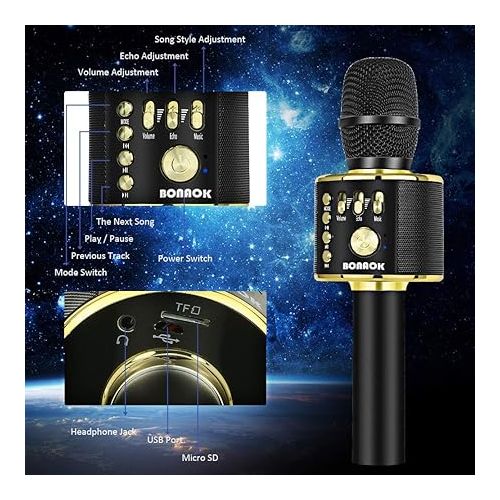  BONAOK Wireless Bluetooth Karaoke Microphone, 3-in-1 Portable Handheld Mic Speaker Machine for All Smartphones, Gifts to Girls Boys Kids Adults All Age Q37(Black Gold)