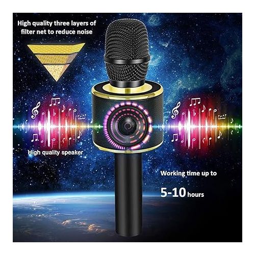  BONAOK Wireless Bluetooth Karaoke Microphone, 3-in-1 Portable Handheld Mic Speaker Machine for All Smartphones, Gifts to Girls Boys Kids Adults All Age Q37(Black Gold)