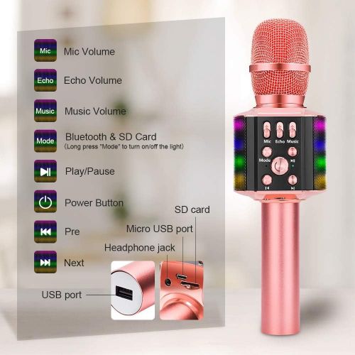  [아마존 핫딜] [아마존핫딜]BONAOK Wireless Bluetooth Karaoke Microphone with controllable LED Lights, 4 in 1 Portable Karaoke Machine Speaker for Android/iPhone/PC (Rose Gold)