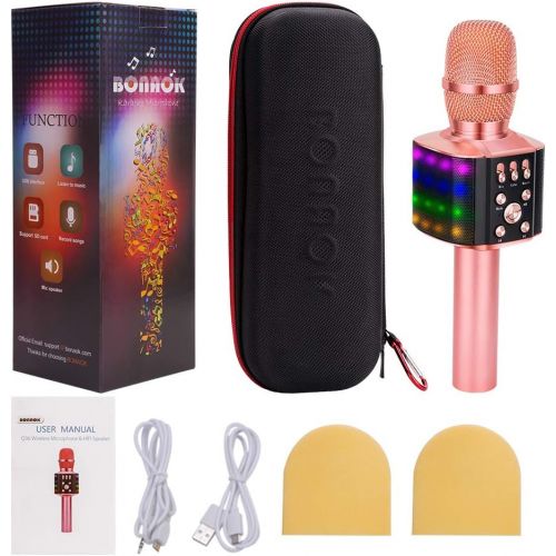  [아마존 핫딜] [아마존핫딜]BONAOK Wireless Bluetooth Karaoke Microphone with controllable LED Lights, 4 in 1 Portable Karaoke Machine Speaker for Android/iPhone/PC (Rose Gold)