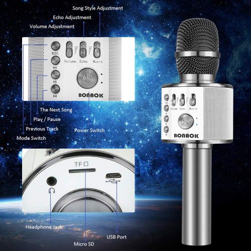  [아마존 핫딜] [아마존핫딜]BONAOK Wireless Bluetooth Karaoke Microphone,3-in-1 Portable Handheld karaoke Mic Speaker Machine Christmas Birthday Home Party for Android/iPhone/PC or All Smartphone(Q37 Space Gr