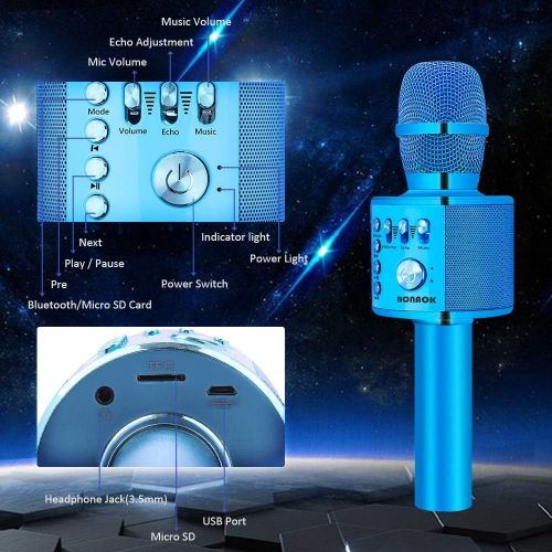  [아마존 핫딜] BONAOK Wireless Bluetooth Karaoke Microphone,3-in-1 Portable Handheld karaoke Mic Speaker Machine Christmas Birthday Home Party for Android/iPhone/PC or All Smartphone(Q37 Blue)