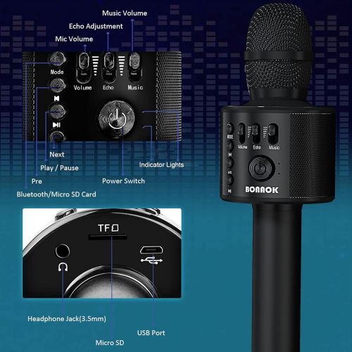  BONAOK Wireless Bluetooth Karaoke Microphone,3-in-1 Portable Handheld karaoke Mic Speaker Machine Christmas Birthday Home Party for Android/iPhone/PC or All Smartphone(Q37 Black)