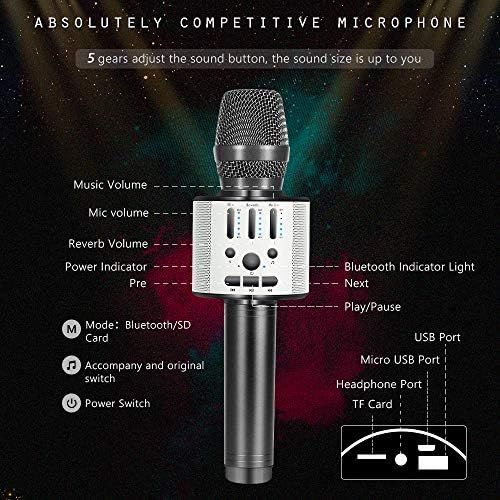  BONAOK Bluetooth Wireless Karaoke Microphone, Portable Handheld Rechargeable Karaoke Machine Speaker with Stereo Sound Christmas Home Birthday Party for All iPhone/Android/PC(Space