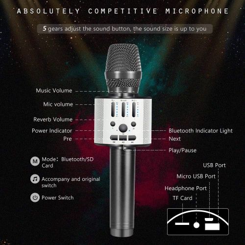  BONAOK Bluetooth Wireless Karaoke Microphone, Portable Handheld Rechargeable Karaoke Machine Speaker with Stereo Sound Christmas Home Birthday Party for All iPhone/Android/PC(Space