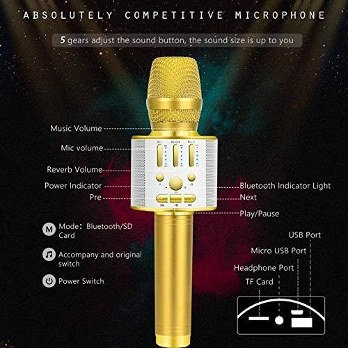  BONAOK Bluetooth Wireless Karaoke Microphone, Portable Rechargeable Karaoke Mic Speaker with Stereo Sound Christmas Party Home Birthday for all iPhone/Android/PC(Gold)