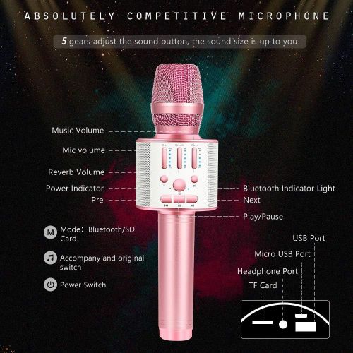  BONAOK Bluetooth Wireless Karaoke Microphone, Portable handheld Rechargeable Karaoke Machine Speaker with Stereo Sound Christmas Home Birthday Party for all iPhone/Android/PC(D03 R