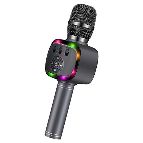 BONAOK Wireless Bluetooth Karaoke Microphone with Dual Sing, LED Lights, Portable Handheld Mic Speaker Machine for Kids Toys/iPhone/Android/PC/Outdoor/Birthday/Home/Party(Space Gra