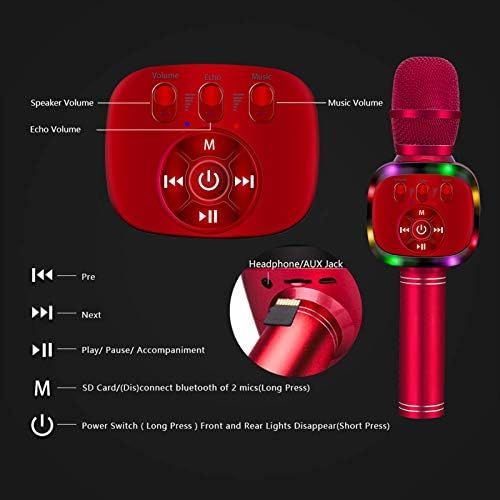  BONAOK Wireless Bluetooth Karaoke Microphone with Dual Sing, LED Lights, Portable Handheld Mic Speaker Machine for Kids Toys/iPhone/Android/PC/Outdoor/Birthday/Home/Party(Red)