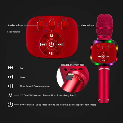  BONAOK Wireless Bluetooth Karaoke Microphone with Dual Sing, LED Lights, Portable Handheld Mic Speaker Machine for Kids Toys/iPhone/Android/PC/Outdoor/Birthday/Home/Party(Red)