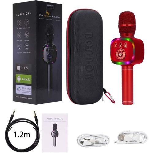  BONAOK Wireless Bluetooth Karaoke Microphone with Dual Sing, LED Lights, Portable Handheld Mic Speaker Machine for Kids Toys/iPhone/Android/PC/Outdoor/Birthday/Home/Party(Red)