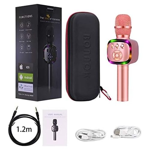  BONAOK Wireless Bluetooth Karaoke Microphone with Dual Sing, LED Lights, Portable Handheld Mic Speaker Machine for Kids Toys/iPhone/Android/PC/Outdoor/Birthday/Home/Party(Rose Gold