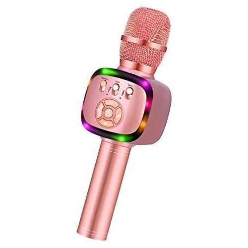  BONAOK Wireless Bluetooth Karaoke Microphone with Dual Sing, LED Lights, Portable Handheld Mic Speaker Machine for Kids Toys/iPhone/Android/PC/Outdoor/Birthday/Home/Party(Rose Gold