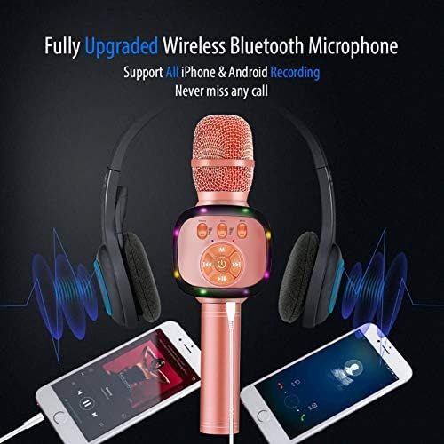  BONAOK Wireless Bluetooth Karaoke Microphone with Dual Sing, LED Lights, Portable Handheld Mic Speaker Machine for Kids Toys/iPhone/Android/PC/Outdoor/Birthday/Home/Party(Rose Gold