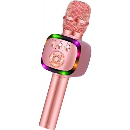  BONAOK Wireless Bluetooth Karaoke Microphone with Dual Sing, LED Lights, Portable Handheld Mic Speaker Machine for Kids Toys/iPhone/Android/PC/Outdoor/Birthday/Home/Party(Rose Gold