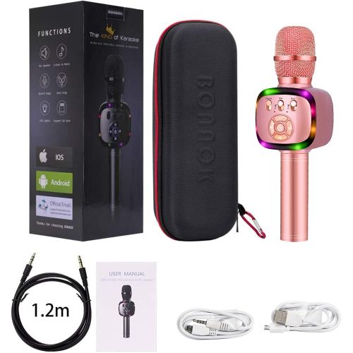  BONAOK Wireless Bluetooth Karaoke Microphone with Dual Sing, LED Lights, Portable Handheld Mic Speaker Machine for Kids Toys/iPhone/Android/PC/Outdoor/Birthday/Home/Party(Rose Gold